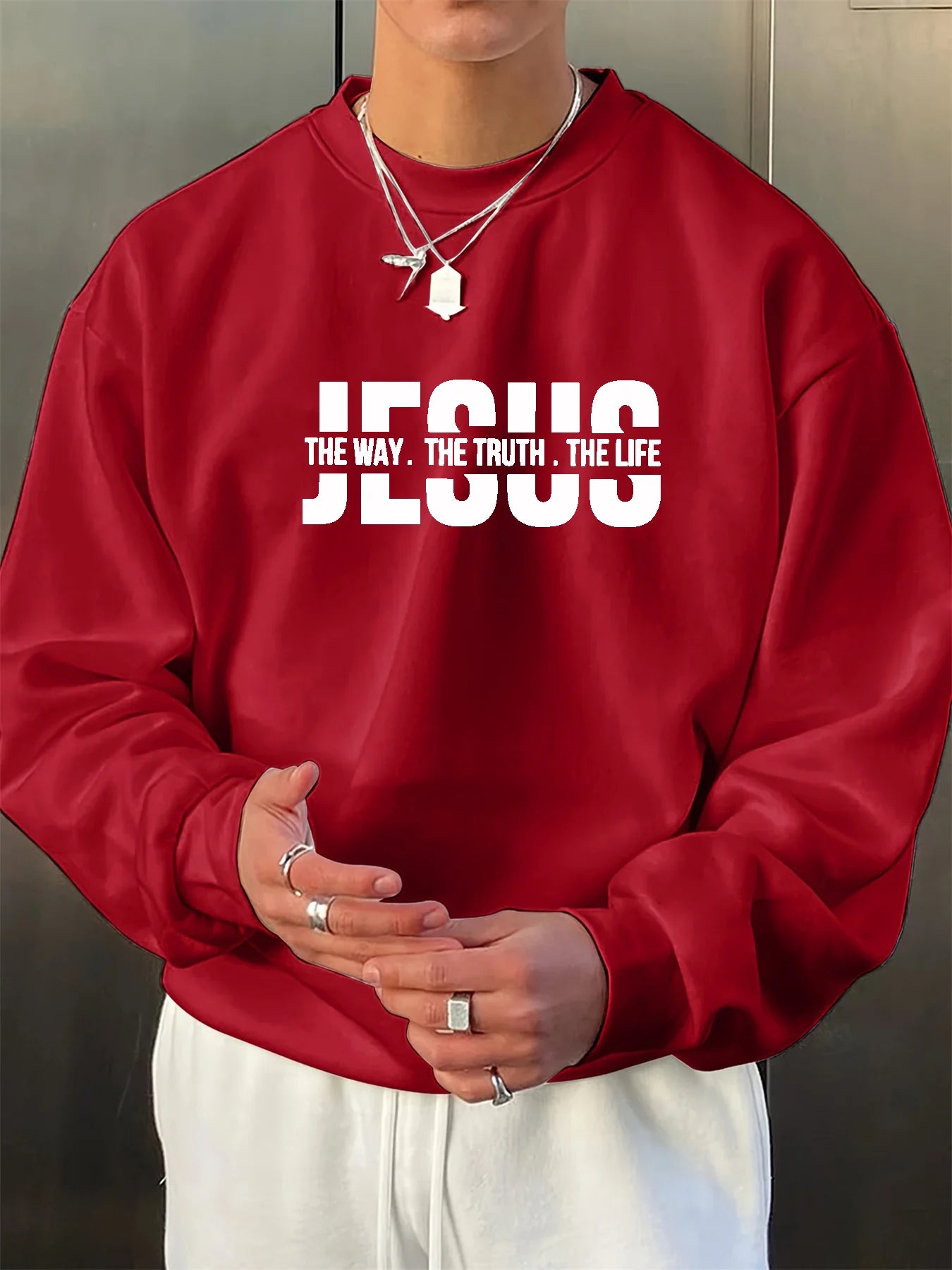Men's autumn and winter fashionable casual loose Jesus truth life letter pattern printed long sleeved round neck sports shirt