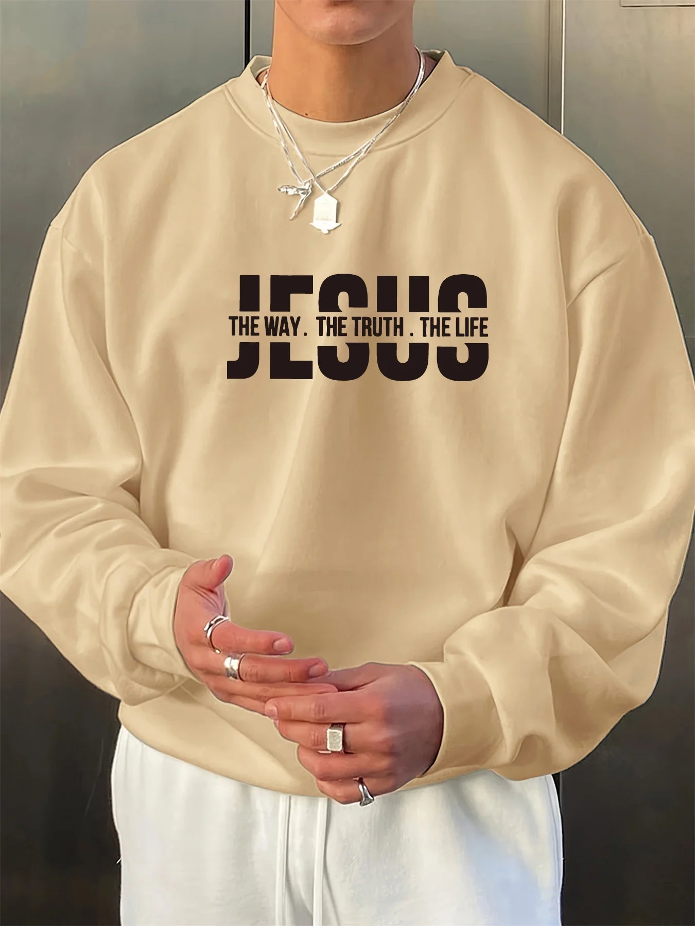 Men's autumn and winter fashionable casual loose Jesus truth life letter pattern printed long sleeved round neck sports shirt