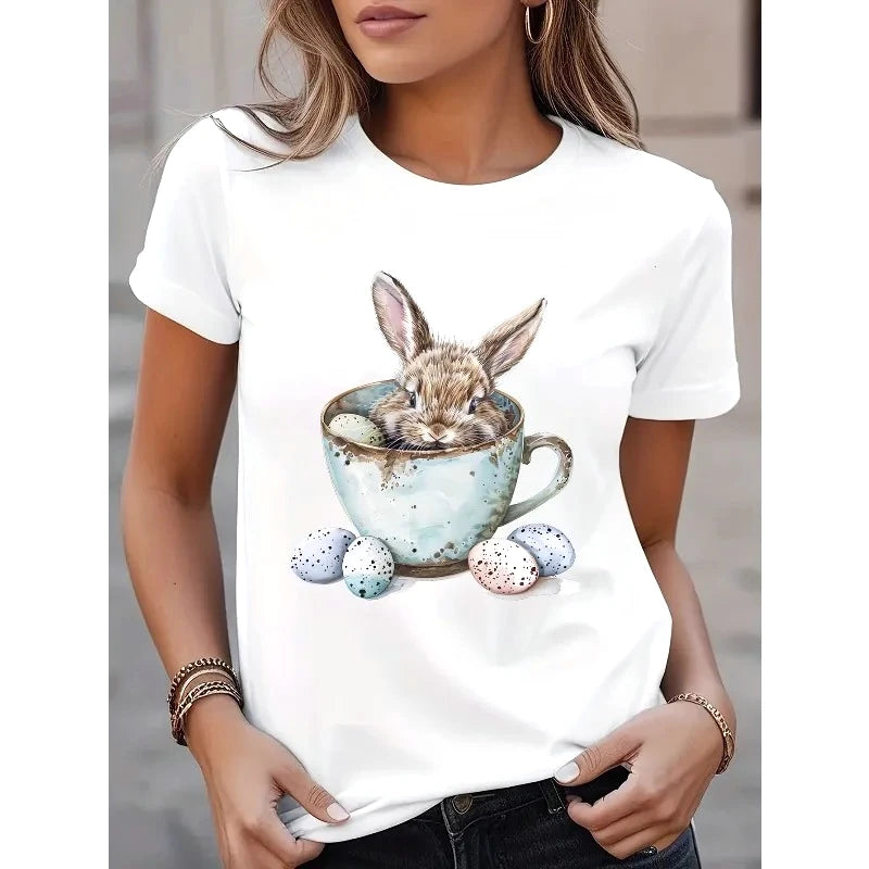 Easter bunny print summer casual tshirt featuring a bunny in a cup with decorative eggs.