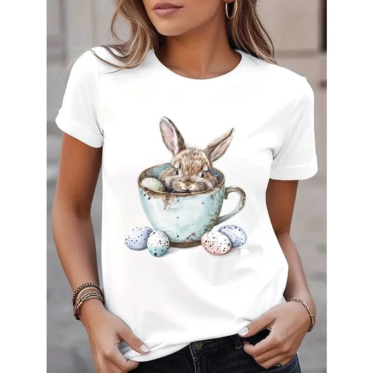 Easter bunny print summer casual tshirt featuring a bunny in a cup with decorative eggs.