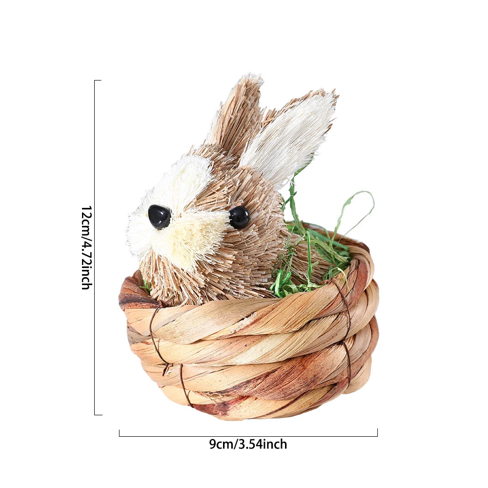 Easter Straw Bunny Ornament Cute Basket Carrot Artificial Reed Pampas Grass Rabbit Statue Tabletop Garden Home Decor Kids Gift