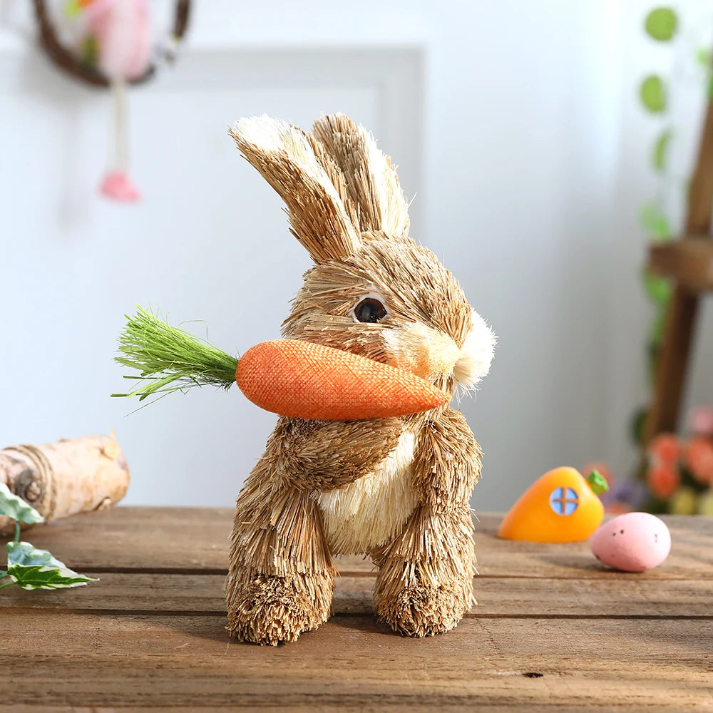 Easter Straw Bunny Ornament Cute Basket Carrot Artificial Reed Pampas Grass Rabbit Statue Tabletop Garden Home Decor Kids Gift