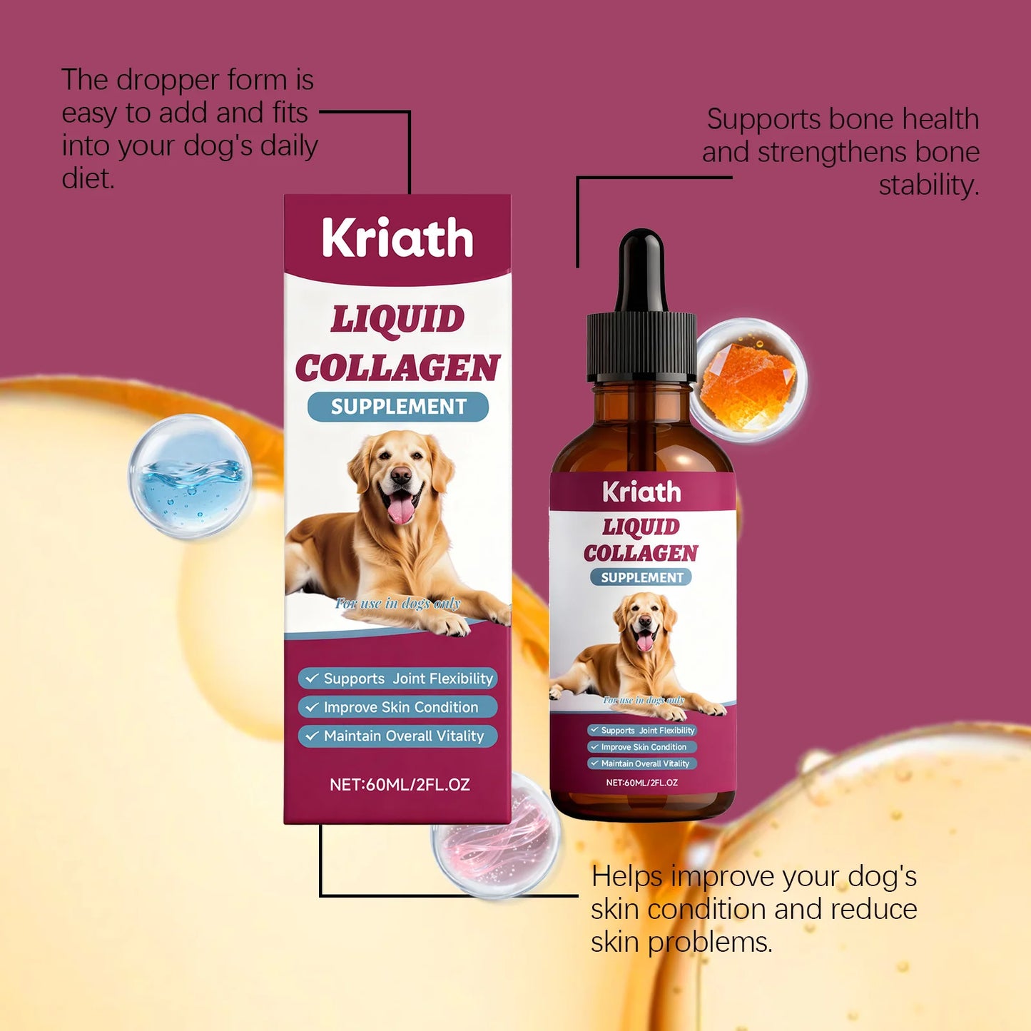 Dog Collagen Nutritional Drops Joint Skin Bone Hip Immune Health Support Supplement Boost Vitality Immune Whole Body Canine Care