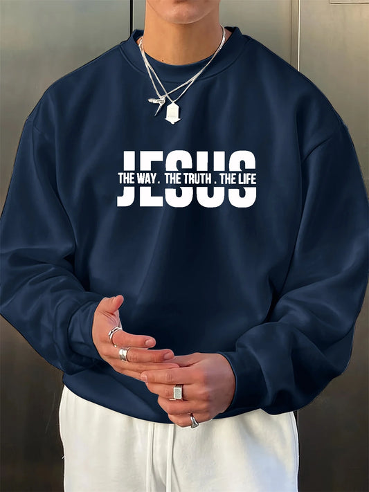 Men's autumn and winter fashionable casual loose Jesus truth life letter pattern printed long sleeved round neck sports shirt