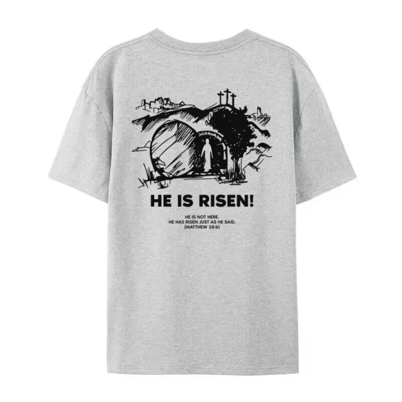 Christian Easter t-shirts featuring a design with the text 'He is Risen!' inspired by Matthew 28:6.