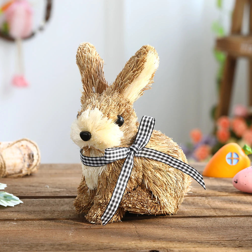 Easter Straw Bunny Ornament Cute Basket Carrot Artificial Reed Pampas Grass Rabbit Statue Tabletop Garden Home Decor Kids Gift