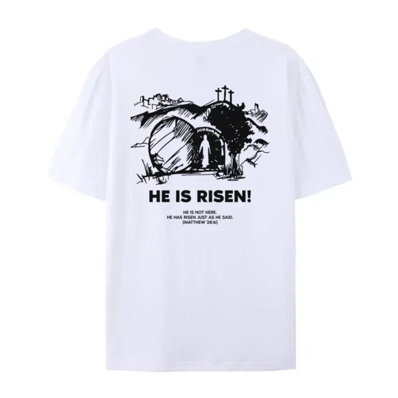 Christian Easter t-shirts design featuring the text 'HE IS RISEN!' and an illustration of the Easter resurrection scene.