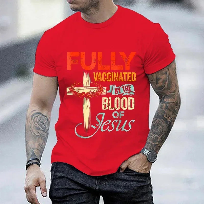 Fully Vaccinated By The Blood of Jesus Faith Funny Christian T-Shirt Black TShirt Top Harajuku Fashion Streetwear for Men Tees