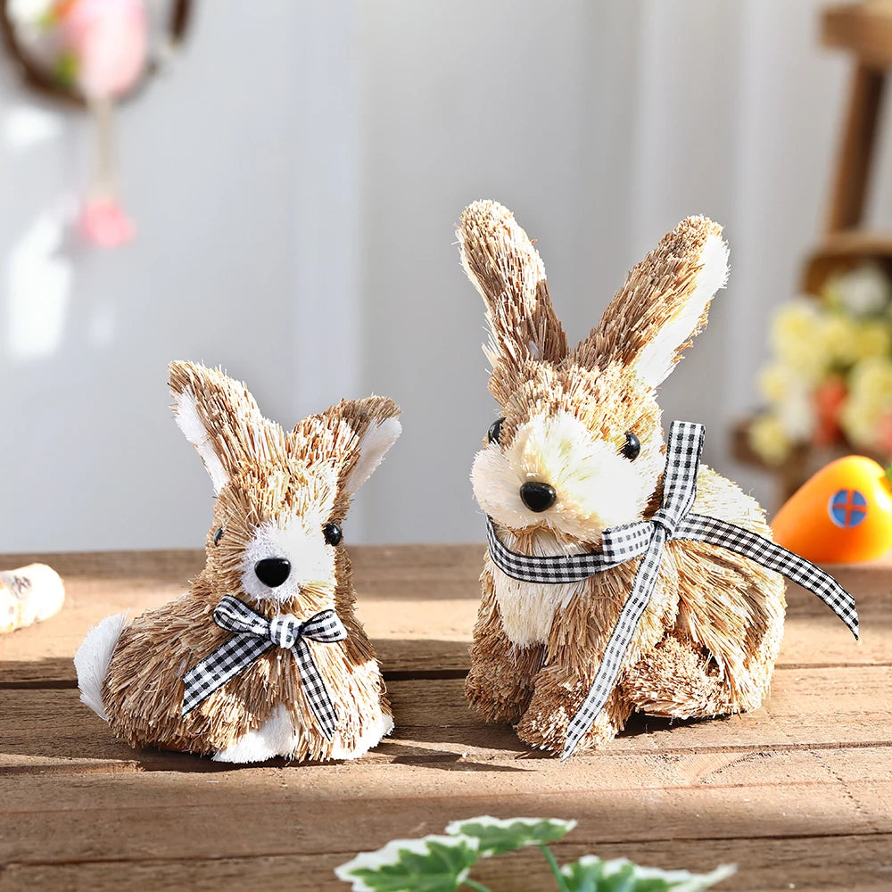 Easter Straw Bunny Ornament Cute Basket Carrot Artificial Reed Pampas Grass Rabbit Statue Tabletop Garden Home Decor Kids Gift