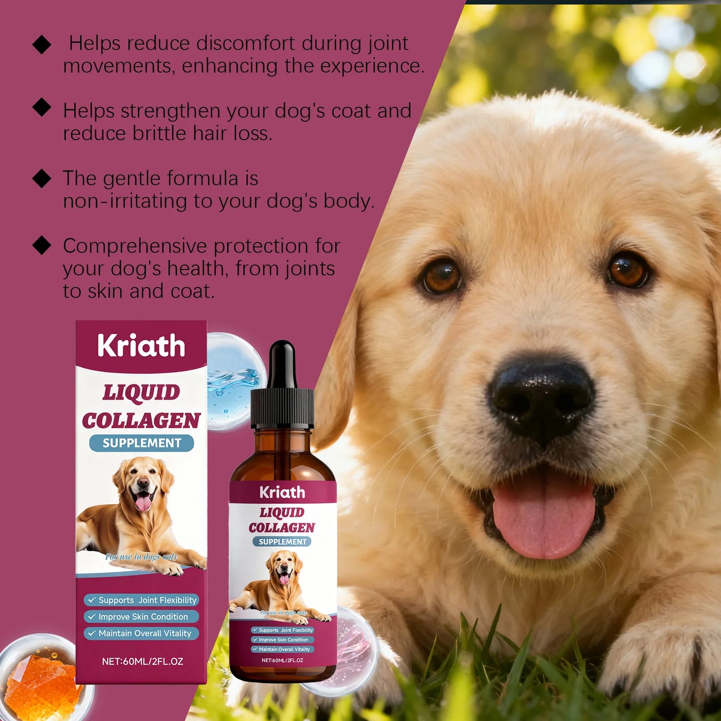 Dog Collagen Nutritional Drops Joint Skin Bone Hip Immune Health Support Supplement Boost Vitality Immune Whole Body Canine Care