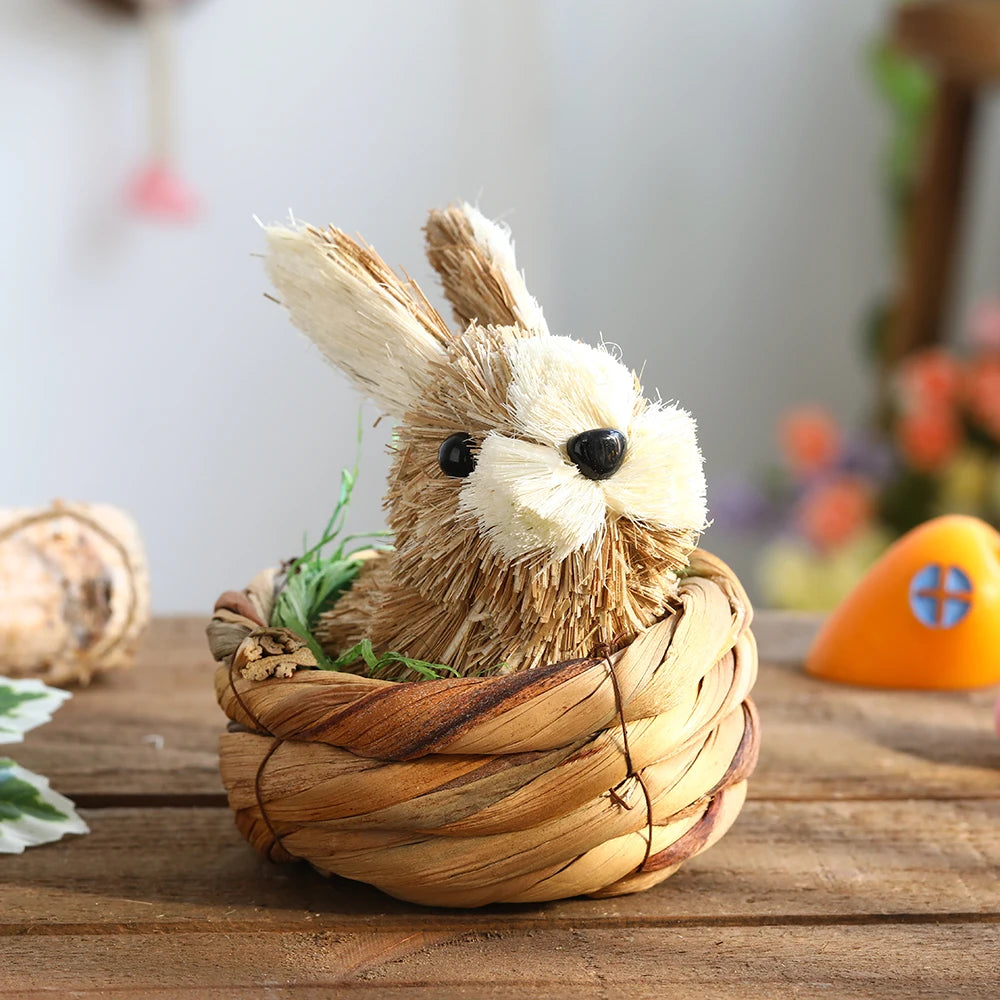 Easter Straw Bunny Ornament Cute Basket Carrot Artificial Reed Pampas Grass Rabbit Statue Tabletop Garden Home Decor Kids Gift
