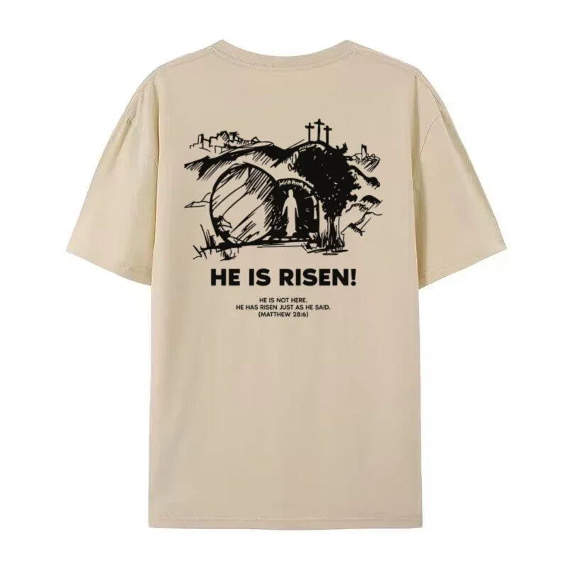 Christian Easter t-shirts featuring the message "He is Risen!" with biblical references and a minimalist design.