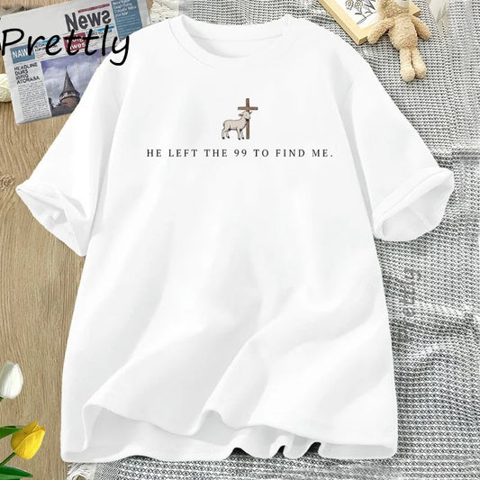 He Left The 99 to Rescue Me - Lost Sheep Faith T-Shirt in white with graphic design