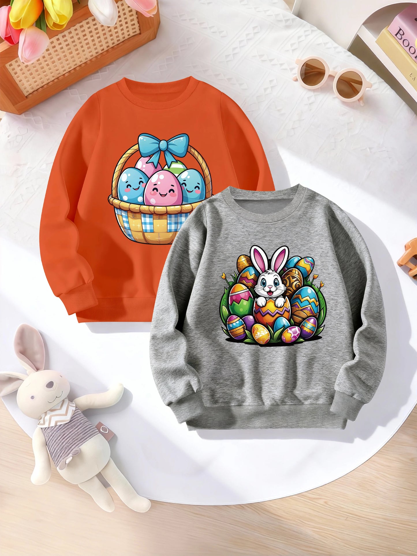 2 Pieces, Easter, Cartoon Egg, Cartoon Rabbit Pattern Print, Cute Casual Round-Neck Sweatshirt for Girls