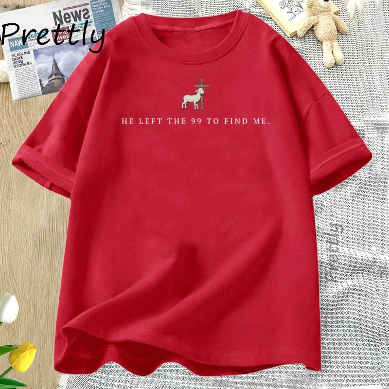 He Left The 99 to Rescue Me T-Shirt in red with a sheep design and Bible verse.